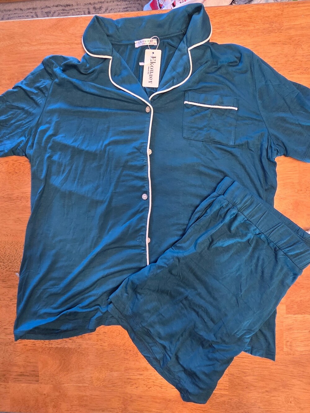 Ekouaer Women's Teal Short Sleeve Pajama Set with White Piping